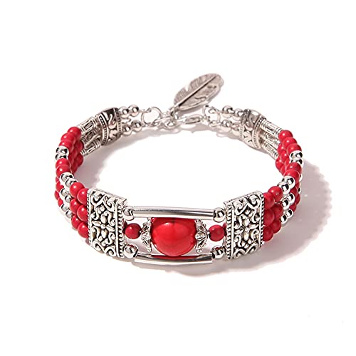 AMAXRcsy Armbänder Armband Vintage Naturstein Türkise Für Frauen Handgemacht Blaue Runde Perlen Geschnitzter Armreif Femme (Metallfarbe: Gelb) (Blauw A Rood) von AMAXRcsy