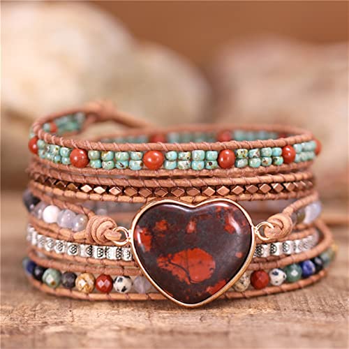 AMAXRcsy Armbänder Vintage Rot Edelsteine Herz Charm 5 Wraps Perlen Lederarmband Stein Bohemian Frauen Statement von AMAXRcsy