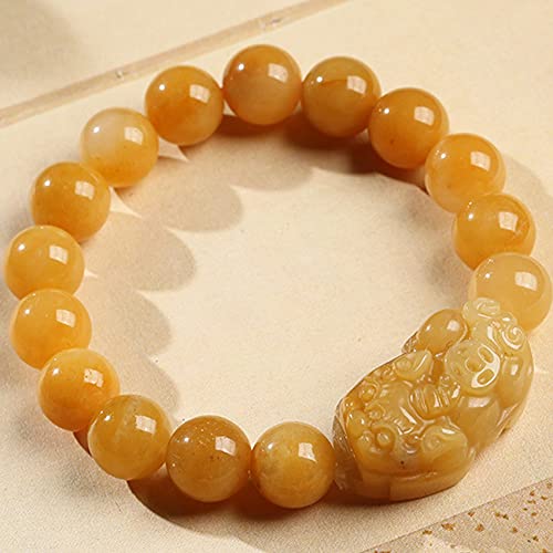 AMAXRcsy Armband Edelstein Gouden Seide Jade 10mm Perlen Chinesischer Drachen Charm Elastischer Talisman für Wohlstand Geld Viel Glück Unisex Gelbe Handgelenkdekoration ( von AMAXRcsy