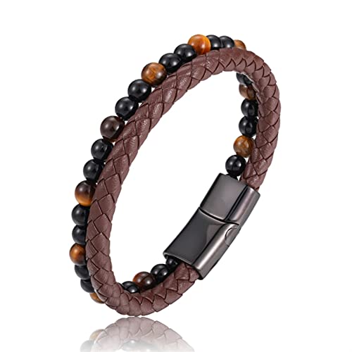 AMAXRcsy Armband mit Perlen aus Naturstein, echtes Leder, Edelstahl, Magnetverschluss, Armreif für Männer und Frauen, Charm-Manschette (Länge: 18,5 cm, Metallfarbe: Kaffee) (Koffee, 22 cm) von AMAXRcsy