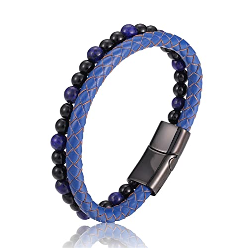 AMAXRcsy Armband mit Perlen aus Naturstein, echtes Leder, Edelstahl, Magnetverschluss, Armreif für Männer und Frauen, Charm-Manschette (Länge: 18,5 cm, Metallfarbe: Kaffee) (a Blauw 18,5 cm) von AMAXRcsy