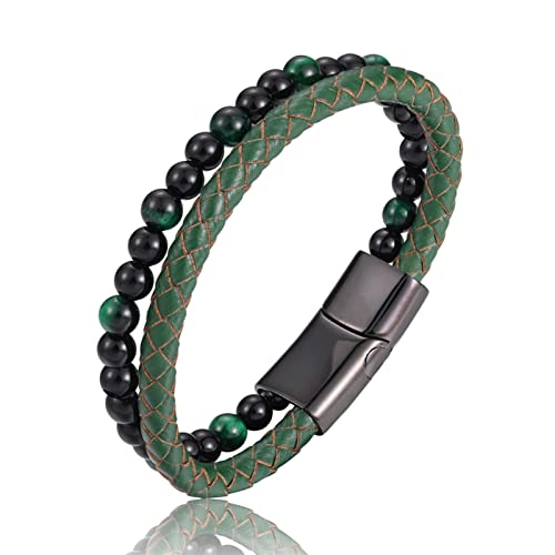 AMAXRcsy Armband mit Perlen aus Naturstein, echtes Leder, Edelstahl, Magnetverschluss, Armreif für Männer und Frauen, Charm-Manschette (Länge: 18,5 cm, Metallfarbe: Kaffee) (a Groen 18,5 cm) von AMAXRcsy