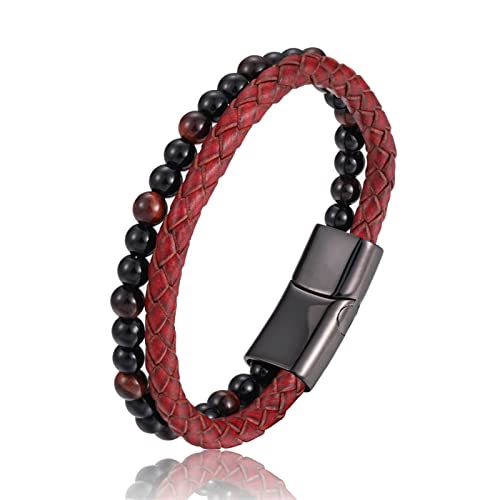 AMAXRcsy Armband mit Perlen aus Naturstein, echtes Leder, Edelstahl, Magnetverschluss, Armreif für Männer und Frauen, Charm-Manschette (Länge: 18,5 cm, Metallfarbe: Kaffee) (a Rot, 18,5 cm) von AMAXRcsy