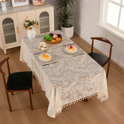 AMAXRcsy Küchentischdecke, quadratisch, 140 x 220 cm, Blätter, Zweige, Jacquard, mit Quasten, Bezug für Esstisch, Beige (Beige 39l 55w Inch) von AMAXRcsy