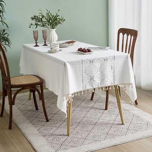 AMAXRcsy Quadratische Tischdecke aus Polyester, 140 x 140 cm, Rautenmuster mit Quasten, Tischdecke für Küche und Esszimmer, Dekoration, weiß, grau (Stil A, 39 x 55 x 149 cm) von AMAXRcsy