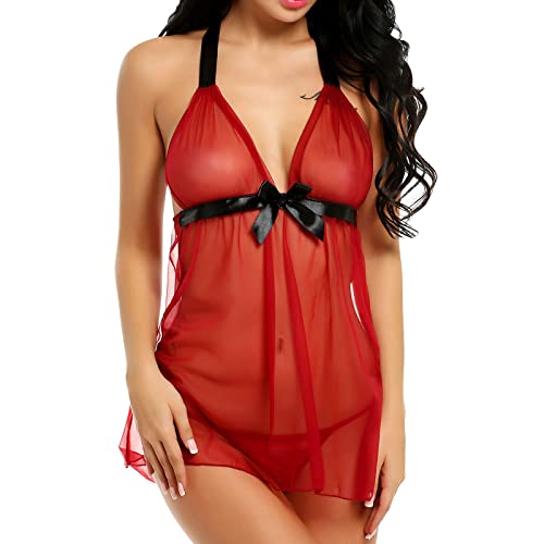 AMAXRcsy Sexy Dessous-Set aus Spitze und Netzstoff, Bodysuit, Damen-Dessous, sexy, freches Set, Babydoll-Dessous, transparente Schnürung vorne, weich (Rood M) von AMAXRcsy