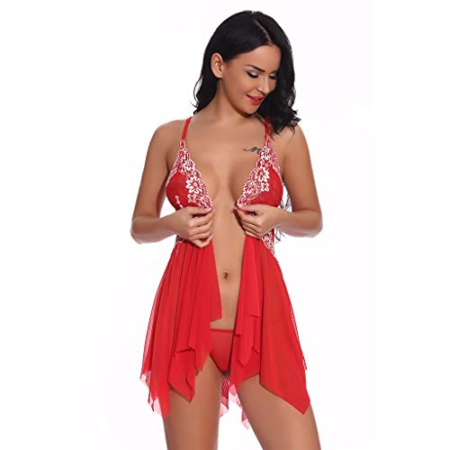 AMAXRcsy Sexy Dessous für übergewichtige Frauen, V-Ausschnitt, Netzstoff, Spitze, Babydoll, exotische Dessous-Sets für Damen, Dessous-Kleid, Feenkostüm, weich (Rood XL) von AMAXRcsy