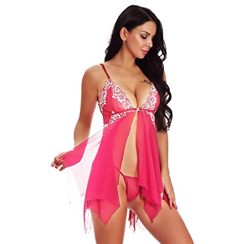 AMAXRcsy Sexy Spitzenunterwäsche, freche Nachtwäsche aus Netzstoff, nuttige Dessous, sexy BH- und Höschen-Sets, Babydoll, Damenunterwäsche mit V-Ausschnitt (Wassermelonenrot, 3XL) von AMAXRcsy