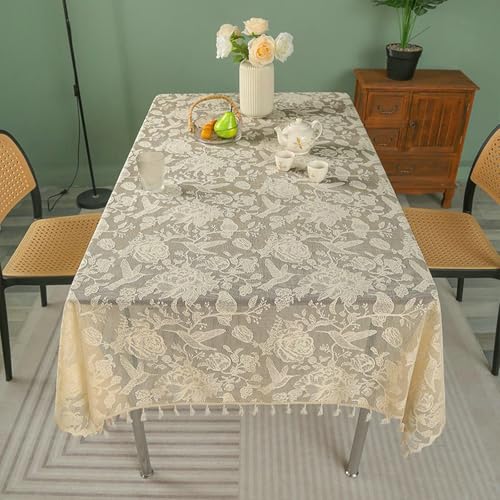 AMAXRcsy Tischdecke aus Polyester, rechteckig, 140 x 180 cm, Blumenstickerei, mit Quasten, für Küche, Esszimmer und Party, Beige (Stil A, 55 x 39 x 1 Zoll) von AMAXRcsy