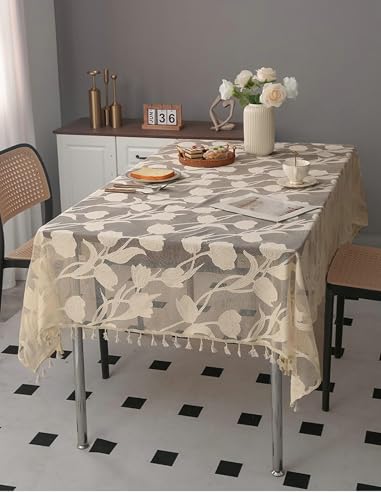 AMAXRcsy Tischdecke aus Polyester, rechteckig, 140 x 180 cm, Blumenstickerei, mit Quasten, für Küche, Esszimmer und Party, Beige (Stil B, 71 l, 55 w Zoll) von AMAXRcsy