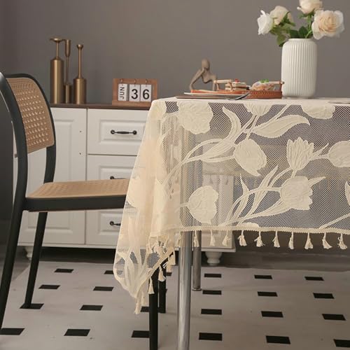 AMAXRcsy Tischdecke für die Küche, rechteckig, 140 x 220 cm, Blumenmuster, mit Quasten, Bezug für Esstisch, Beige (Stil B, 95 x 55 Zoll) von AMAXRcsy