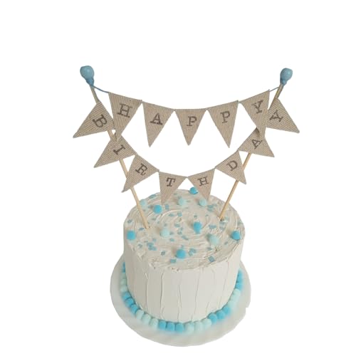 Amazing Buntings, Happy Birthday Cake Topper, Handmade Linen Flags Bunting, Preassembled with Blue Beads von AMAZING BUNTINGS AZ