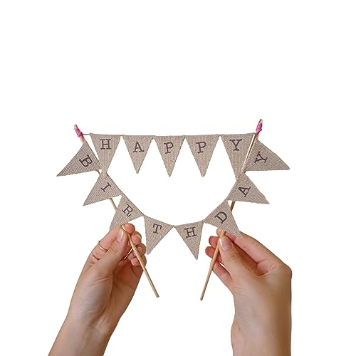 Amazing Buntings, Happy Birthday Cake Topper, Handmade Linen Flags Wimpelkette, rosa Faden, vormontiert auf 2 Stangen in Lebensmittelqualität von AMAZING BUNTINGS AZ