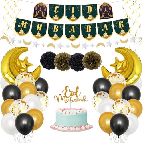 39 Stück Schwarz Gold Eid Mubarak Ballon-Set mit Banner Latexfolie Konfetti Ballons Papier Pom Poms von AMAZOC