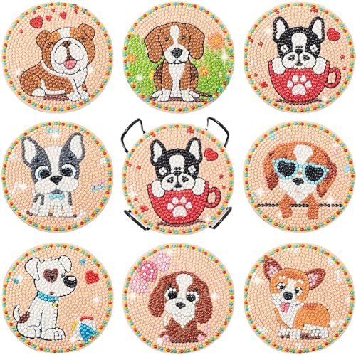 8 StückTier Diamond Painting Untersetzer mit Halter, DIY Untersetzer, Kaffee Diamant Painting Untersetzer, Getränke Untersetzer, 5D Cartoon Diamant Untersetzer(Hund-H) von AMBATTERY