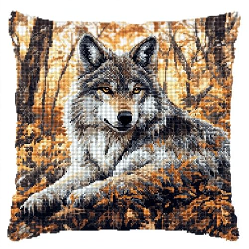 AMBATTERY 11CT Kreuzstich Kissen Set, Tier Wolf Stickkissen Mit Stickgarn 45X45cm Kreuzstichkissen Set zum Basteln Stickkissen Stickpackung mit Vorgedruckt Kreuzstichmotiv von AMBATTERY