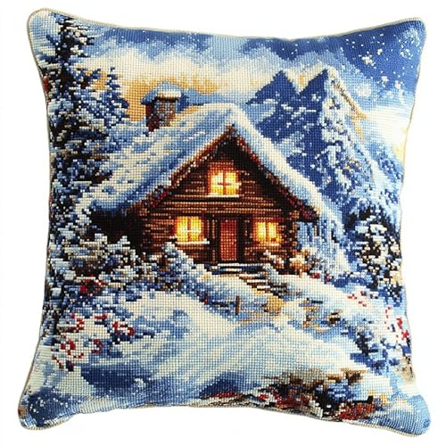 AMBATTERY 11CT Kreuzstich Kissen Set, Winterhütte Stickkissen Mit Stickgarn 45X45cm Kreuzstichkissen Set zum Basteln Stickkissen Stickpackung mit Vorgedruckt Kreuzstichmotiv von AMBATTERY