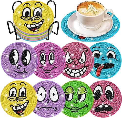 AMBATTERY 8 Stück, Smiley-Gesichtsausdruck Diamond Painting Untersetzer mit Halter, DIY Kaffee Untersetzer, Diamant Painting Untersetzer für Erwachsene, Getränke Untersetzer, 5D Diamant Untersetzer von AMBATTERY