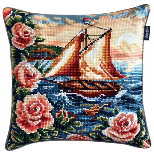 AMBATTERY DIY Kreuzstichkissen, Blumen und Segelboote Stickkissen mit Muster 45X45cm Stickset Kreuzstich Kissen zum Basteln Stickkissen Stickpackung mit Vorgedruckt Kreuzstichmotiv von AMBATTERY