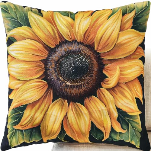 AMBATTERY DIY Stickkissen Set, Sonnenblume Kreuzstichkissen Zum Dekorieren 45X45cm Kissenbezug Zum Sticken Kreuzstich Kreuzstich Kissen zum Basteln Stickkissen Stickpackung von AMBATTERY