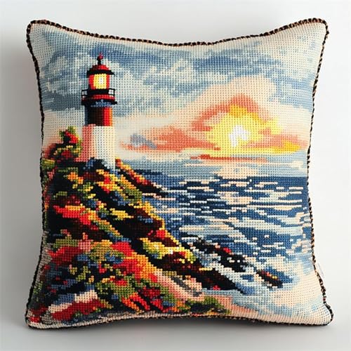 AMBATTERY Kissenbezug Zum Sticken Kreuzstich, Leuchtturm am Meer Handarbeits Kissenbezüge 45X45cm Stitch Kissenbezug Stickset Kreuzstich Kissen zum Basteln Stickkissen Stickpackung von AMBATTERY