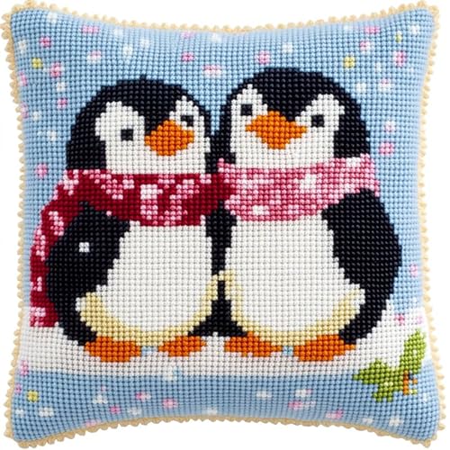 AMBATTERY Kissenbezug Zum Sticken Kreuzstich, Pinguin im Schnee Handarbeits Kissenbezüge 45X45cm Stitch Kissenbezug Stickset Kreuzstich Kissen zum Basteln Stickkissen Stickpackung von AMBATTERY