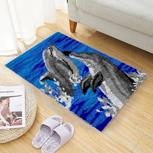 AMBATTERY Knüpfen Set Erwachsene Blauer Delphin-Fußmattenteppich，der Kits herstellt，Geschenkverpackung DIY für Kinder/Erwachsene mit bedruckter Leinwand 31x45in von AMBATTERY