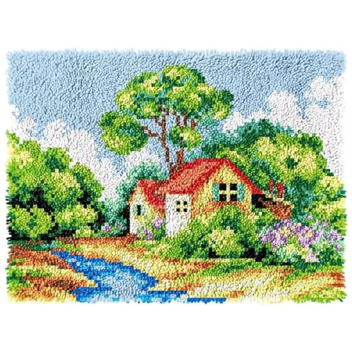 AMBATTERY Knüpfen Set Erwachsene Waldhütte Landschaft Latch Hook Teppich Kit mit Latch Hook DIY Teppich,Latch Hook Teppich Herstellung,DIY Teppich für Wohnkultur für Kinder und Erwachsene 20x15in von AMBATTERY