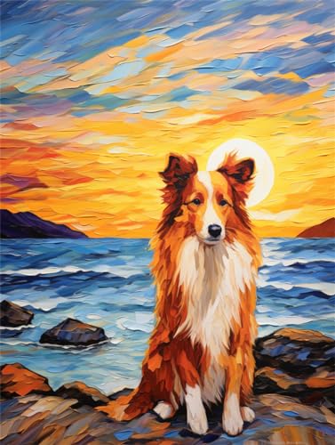 AMBATTERY Knüpfteppich Collie-Hund Bei Sonnenaufgang Am Meer Großer Riegelhaken-Teppich, Vorgedrucktes Muster Leinwand-Teppich Stickerei Handwerk Für Erwachsene Handwerk Diy Teppich 31x45in von AMBATTERY