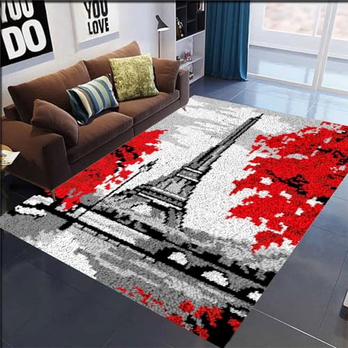 AMBATTERY Knüpfteppich Paris Eiffelturm Landschaft Fußmatte Teppich Herstellung Kits,Geschenkverpackung DIY für Kinder/Erwachsene mit bedruckter Leinwand 23x35in von AMBATTERY