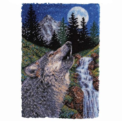 AMBATTERY Knüpfteppich Wolf Tier Landschaft Latch Hook Kit，DIY Teppich Herstellung Kits für Kinder und Erwachsene，Heimdekoration，Karabinerhaken Teppich Set 31x63in von AMBATTERY