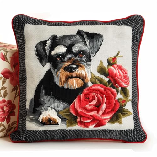 AMBATTERY Kreuzstich Kissen Set Vorgedruckt, Blumen und Hunde Stickkissen mit Muster 45X45cm Kreuzstich Kissen zum Basteln Stickkissen kissenbezug zum besticken kreuzstich von AMBATTERY