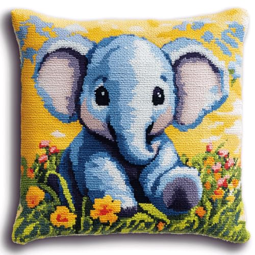 AMBATTERY Kreuzstich Kissen Set Vorgedruckt, Cartoon-Elefant Kissenbezug Zum Sticken Kreuzstich 45X45cm Handstickerei Nähkissenbezug Diy Handarbeit Kissen Kreuzstichkissen Set von AMBATTERY