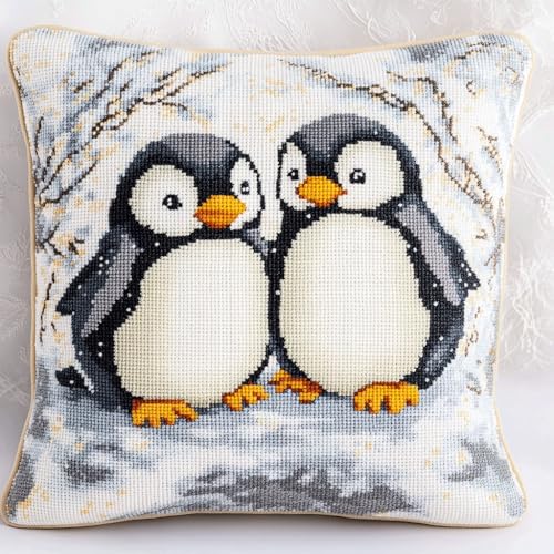 AMBATTERY Kreuzstich Kissen Set Vorgedruckt, Cartoon-Pinguin Stickkissen mit Muster 45X45cm Kreuzstich Kissen zum Basteln Stickkissen kissenbezug zum besticken kreuzstich von AMBATTERY