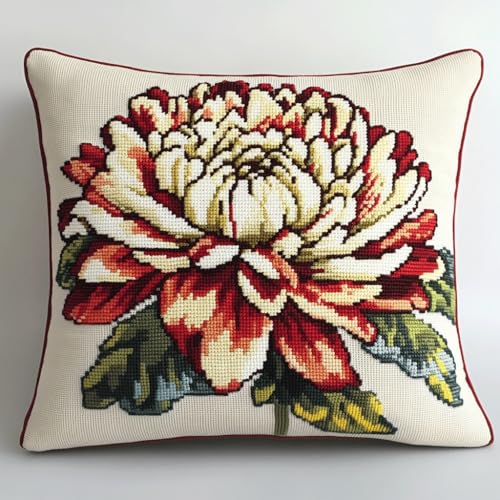 AMBATTERY Kreuzstich Kissen Set Vorgedruckt, Rote Chrysanthemenblüte Kreuzstichkissen Zum Dekorieren 45X45cm Stickkissen Zum Selbersticken Kreuzstich Set Vorgedruckt Kissenbezug von AMBATTERY