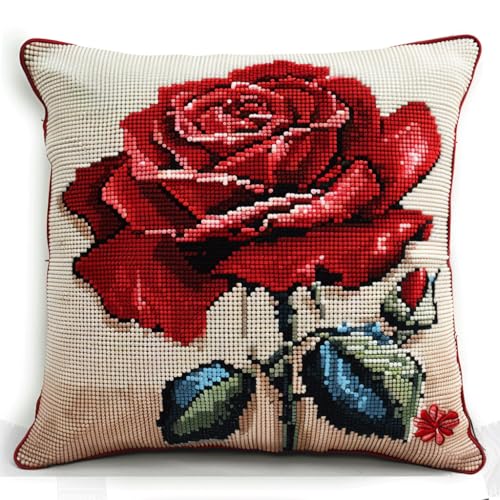 AMBATTERY Kreuzstich Kissen Set Vorgedruckt, Rote Rose Blume Kreuzstichkissen Zum Dekorieren 45X45cm Stickkissen Zum Selbersticken Kreuzstich Set Vorgedruckt Kissenbezug von AMBATTERY