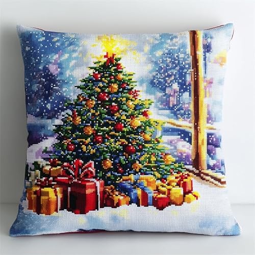 AMBATTERY Kreuzstich Kissen Set Vorgedruckt, Weihnachtsbaum Stickkissen mit Muster 45X45cm Kreuzstich Kissen zum Basteln Stickkissen kissenbezug zum besticken kreuzstich von AMBATTERY