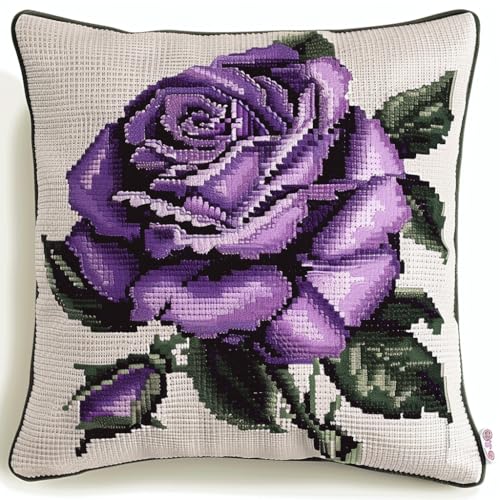 AMBATTERY Kreuzstich Kissen Vorgedruckt, Lila Rose Blume Stickkissen mit Muster 45X45cm Kreuzstichkissen Zum Dekorieren Kissenbezug Zum Besticken Kreuzstich Diy Handarbeit Kissen Set von AMBATTERY