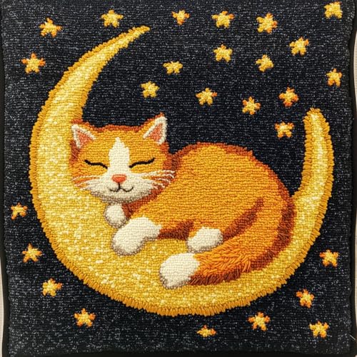 AMBATTERY Kreuzstich Kissen Vorgedruckt, Mond und Katze Stickkissen mit Muster 45X45cm Kreuzstichkissen Zum Dekorieren Kissenbezug Zum Besticken Kreuzstich Diy Handarbeit Kissen Set von AMBATTERY