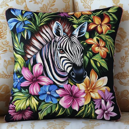 AMBATTERY Kreuzstich Set Vorgedruckt Kissenbezug, Blumen und Zebra Stickkissen mit Muster 45X45cm Handstickerei Kissenbezug Set Kreuzstich Kissen zum Stickkissen Stickpackung von AMBATTERY