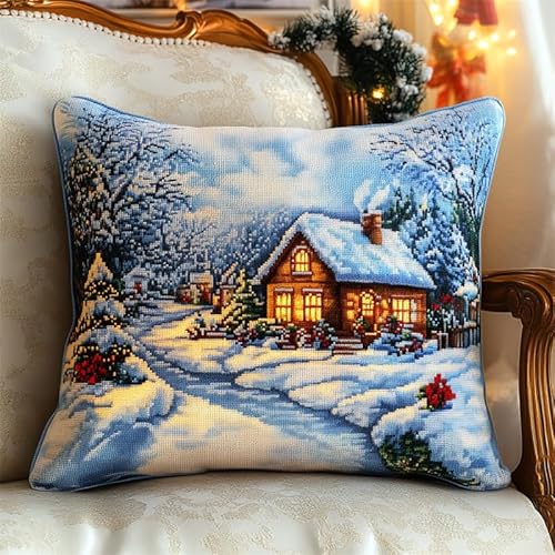 AMBATTERY Kreuzstich Set Vorgedruckt Kissenbezug, Winterhütte Stickkissen mit Muster 45X45cm Handstickerei Kissenbezug Set Kreuzstich Kissen zum Stickkissen Stickpackung von AMBATTERY