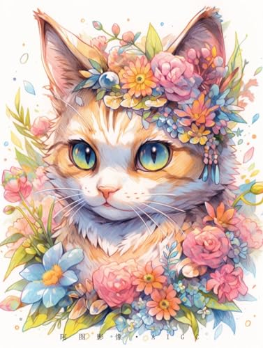 AMBATTERY Kreuzstich Stickpackung, Süße Katze unter Blumen,G,50 * 70cm 11CT Sticken Set Erwachsene Kreuzstich,DIY Stickbilder Vorgedruckt Kreuzstich für Anfänger Home Decor von AMBATTERY