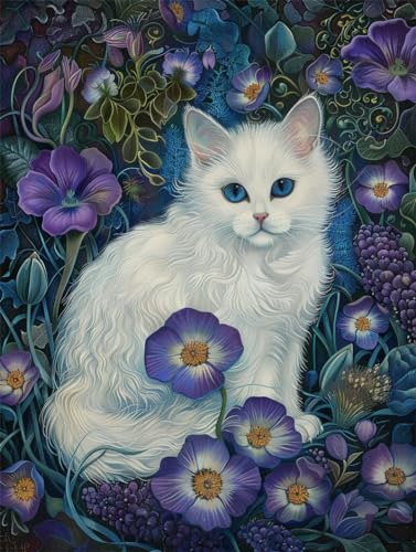 AMBATTERY Kreuzstich Stickpackungen Vorgedruckt, Katze in den Blumen,40 * 50cm Sticken Set Erwachsene Kreuzstich Bild,Sticken Set Anfänger für Wandkunst-Heimdekoration von AMBATTERY