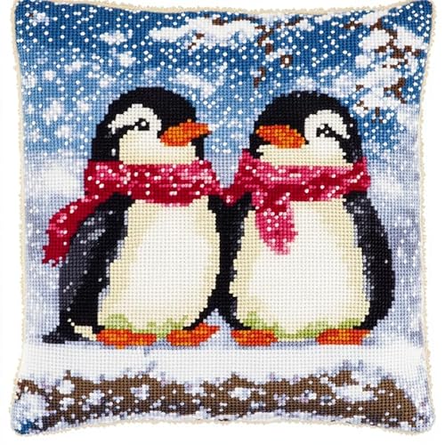 AMBATTERY Kreuzstichkissen Set, Pinguin im Schnee Kissenbezug Zum Sticken Kreuzstich 45X45cm Stickkissen mit Muster Stickset Kreuzstich Kissen zum Basteln Stickkissen Stickpackung von AMBATTERY