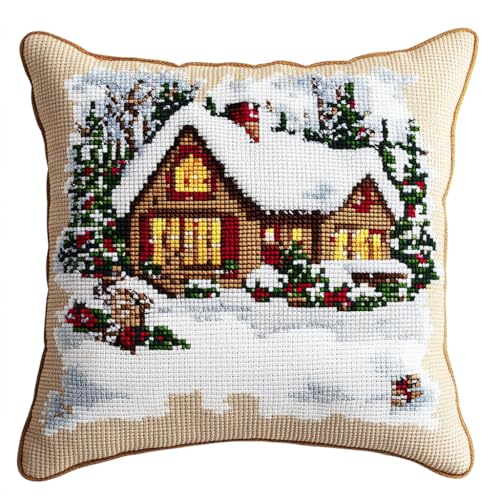 AMBATTERY Kreuzstichkissen Set, Winterhütte Kissenbezug Zum Sticken Kreuzstich 45X45cm Stickkissen mit Muster Stickset Kreuzstich Kissen zum Basteln Stickkissen Stickpackung von AMBATTERY