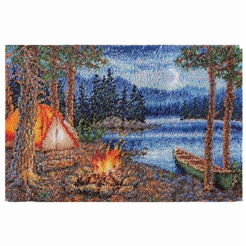 AMBATTERY Landschaft Diy Knüpfhaken Set Waldsee Diy Latch Hook Teppich Kits, Häkelset Für Anfänger, Teppichherstellung Kits Mit Bedruckter Leinwand 20x15in von AMBATTERY