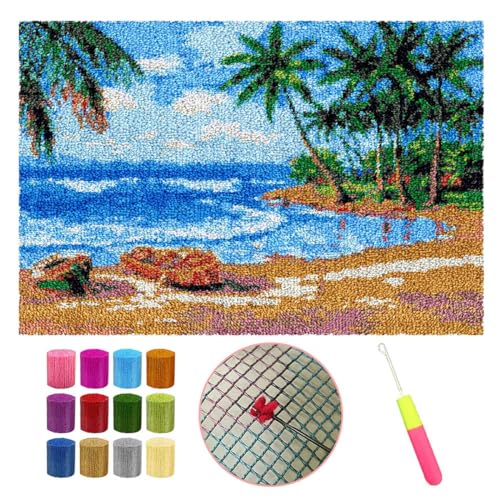 AMBATTERY Landschaft Handarbeit Set Für Erwachsene Boot Am Meer Diy Latch Hook Teppich Kits, Häkelset Für Anfänger, Teppichherstellung Kits Mit Bedruckter Leinwand 20x15in von AMBATTERY