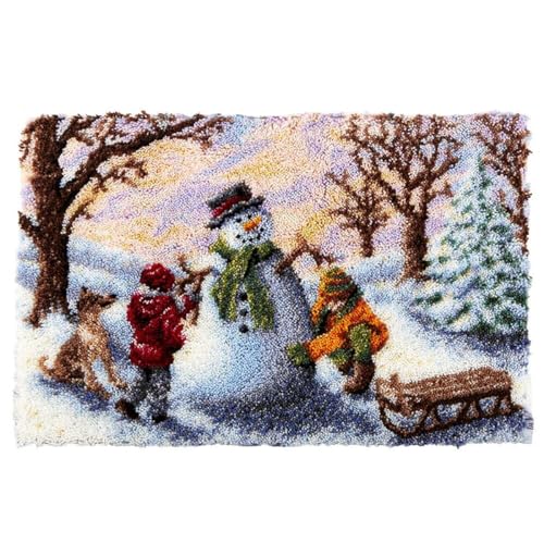 AMBATTERY Landschaft Knüpfen Set Winter Schneemann Bedruckte Leinwand Wandteppich Kits Stickerei Kits Diy Häkelgarn Kits Für Anfänger Erwachsene Bastelset 20x15in von AMBATTERY