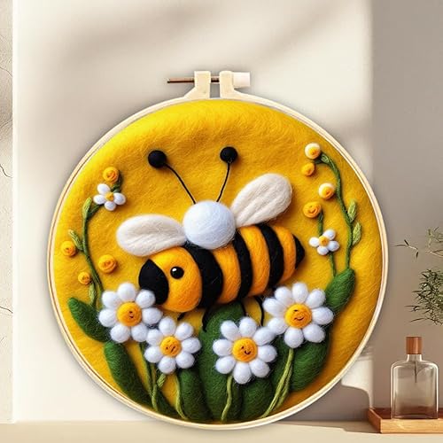 AMBATTERY Nadelfilz Starter Kit, Blumen und Bienen Wollmalfilz mit Anleitung, Stickrahmen und Werkzeuge, Nadelfilz-Set für Anfänger und Erwachsene, Filz-Malset,Nadelfilz-Malset von AMBATTERY