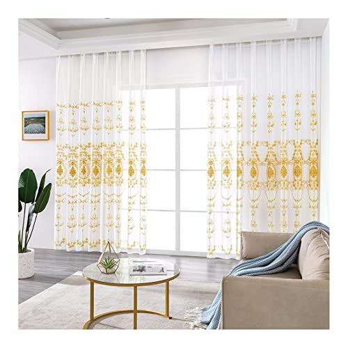 AMDXD 2er Set Vorhänge Wohnzimmer Lang Gelb, Lichtdurchlässig Wohnzimmer Vorhänge Blumen Gestickt mit Ösen Modern Polyester Gardine Vorhang Vintage Kinderzimmer, H183 x B137 cm von AMDXD